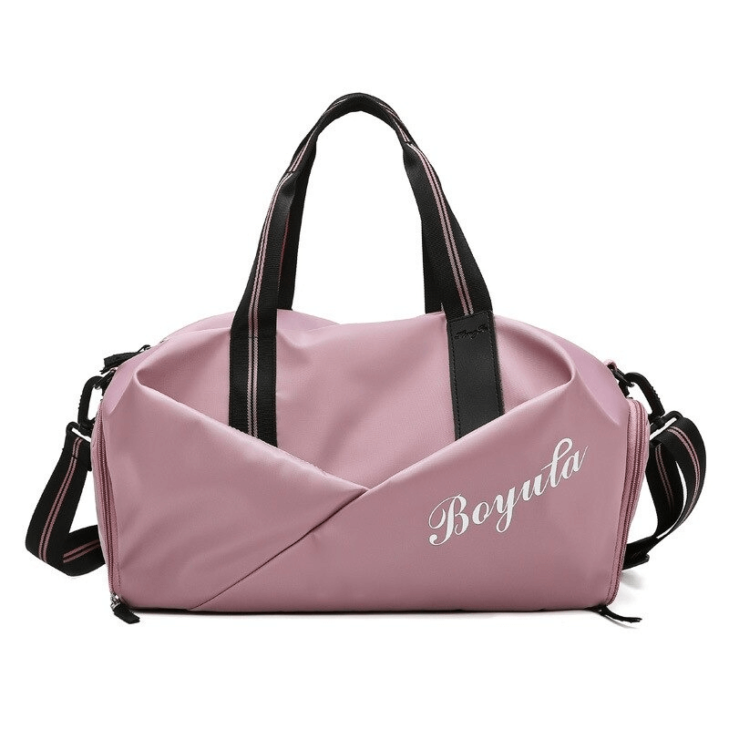 Pink waterproof crossbody gym bag with black straps, ideal for training and outdoor sports. SF0295 durable nylon handbag.